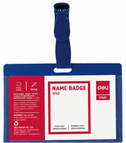 Badge Deli 5742, horizontal, with clip, 110X68 mm.