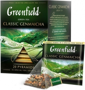 Green tea Greenfield Classic Genmaicha pyramid with envelope, 20 pieces