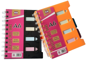 Notebook A6 with 4 color dividers, side spiral, grid