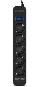 დამაგრძელებელი ქსელის დამცავი Sven, 5 ჩამრთველიანი, 2XUSB პორტით, 3მ.