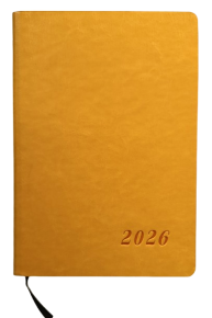 2026 წლის ქართულ-ინგლისურ ენოვანი დღიური, დათარიღებული, ტყავის მყარი ყდით, ყვითელი