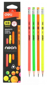 Graphite Pencil with eraser, Deli U516 00, HB, Neon Color, 12pcs.