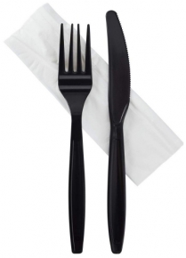 Plastic disposable cutlery + napkin, black