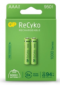 აკუმულატორი GP ReCyko rechargeable AAA, 1000 series, 950 mAh, 2 ცალი