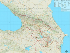 კავკასიის ზოგადგეოგრაფიული რუკა, 126x170 სმ., ქართული,ინგლისური, პოლივინილი