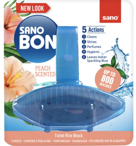 Solid flavoring Sano 5in1 Peach, 55g, hanging in the toilet.