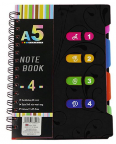Notebook A5, with 4 color dividers, side spring, single-lined