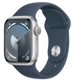 Apple Watch Series 9, GPS, 45mm. Silver Aluminum Case with Storm Blue Sport Band - M/L (MR9E3)