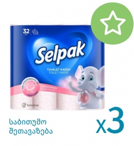 ტუალეტის ქაღალდი Selpak სურნელოვანი, 3 ფენა, 32 რულონი X 3 შეკვრა