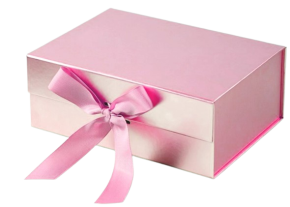 მყარი მუყაოს სასაჩუქრე ყუთი მაგნიტური ჩამკეტით და ლენტით, 33*26*12 სმ. ღია ვარდისფერი