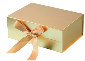 მყარი მუყაოს სასაჩუქრე ყუთი მაგნიტური ჩამკეტით და ლენტით, 39x28x13 სმ. ოქროსფერი