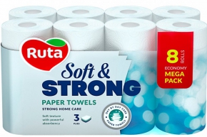 სამზარეულოს ხელსახოცი Ruta Soft&Strong, 3 ფენა, 8 რულონი